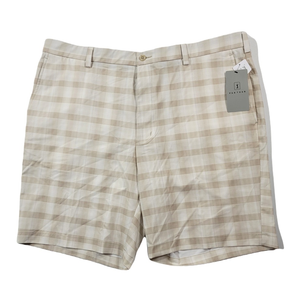 PGA TOUR Energy Plaid Golf Shorts Men 40 Tan Chinchila Wicking UPF 50 Performace